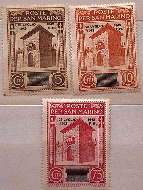 San Marino 1943 Fall of Fascism  3 Unused Hinged stamps Overprint 28 LVGLIO 1943/1642 F.R.