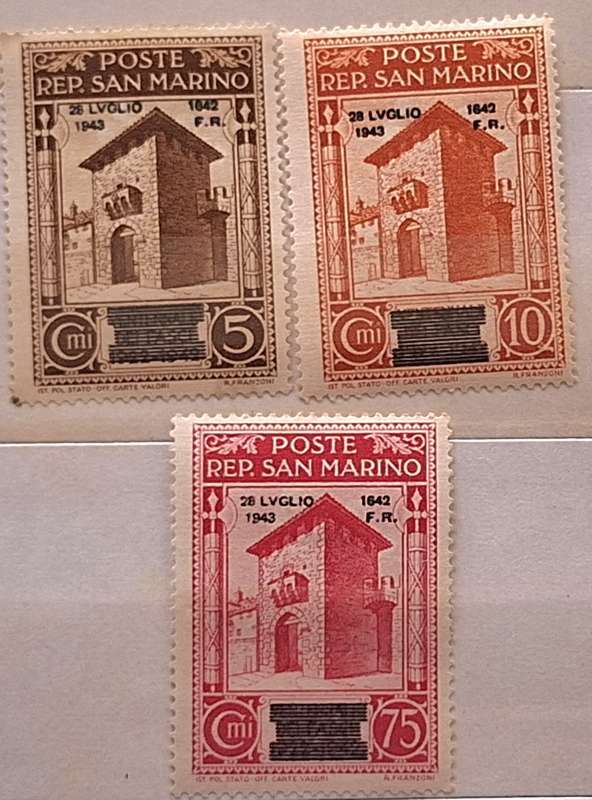 San Marino 1943 Fall of Fascism  3 Unused Hinged stamps Overprint 28 LVGLIO 1943/1642 F.R.