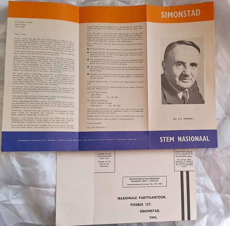 Stem Nasionaal Vote National Simonstad Bilingual Leaflet and Voter No Card 11734 in Orig Envelope