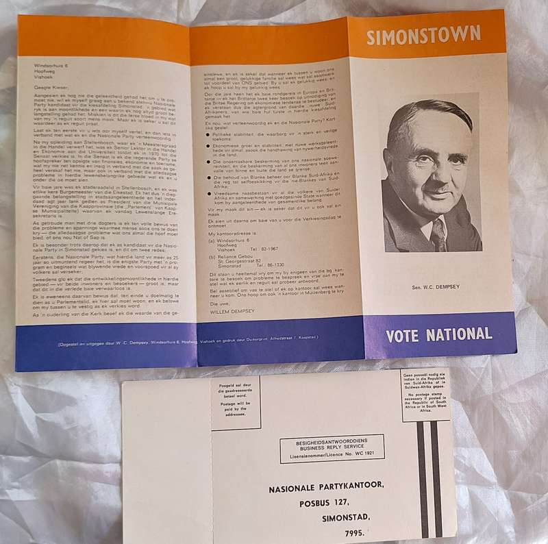 Stem Nasionaal Vote National Simonstad Bilingual Leaflet and Voter No Card 11734 in Orig Envelope