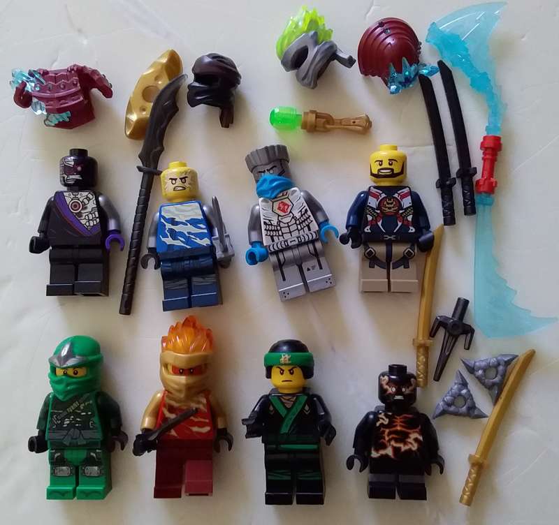 8 Lego Ninjago Minifigures and accessories