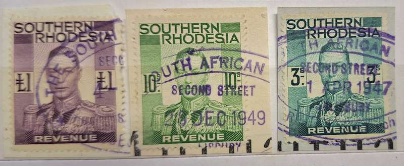 Southern Rhodesia 1937 George VI 3 Used Revenue Stamps on Paper 3S 10S £1