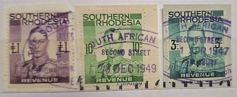 Southern Rhodesia 1937 George VI 3 Used Revenue Stamps on Paper 3S 10S £1
