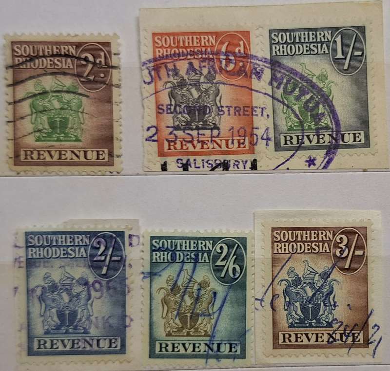 Southern Rhodesia 1954 Coat of Arms Revenue 6 Used stamps on Paper 2d 6d 2/- 2/6 3/-