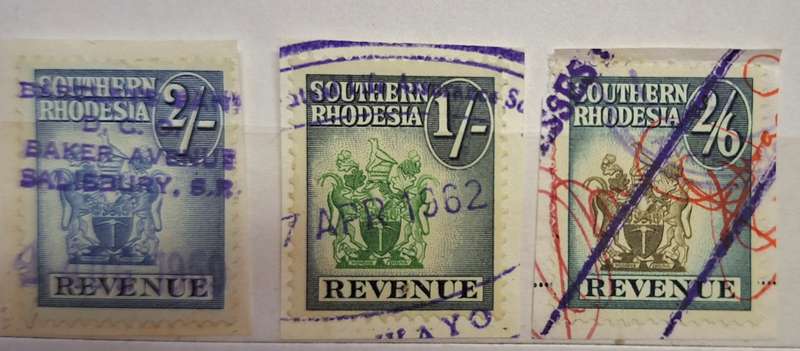 Southern Rhodesia 1954 Coat of Arms Revenue 3 Used stamps on Paper 1/- 2/- 2/6