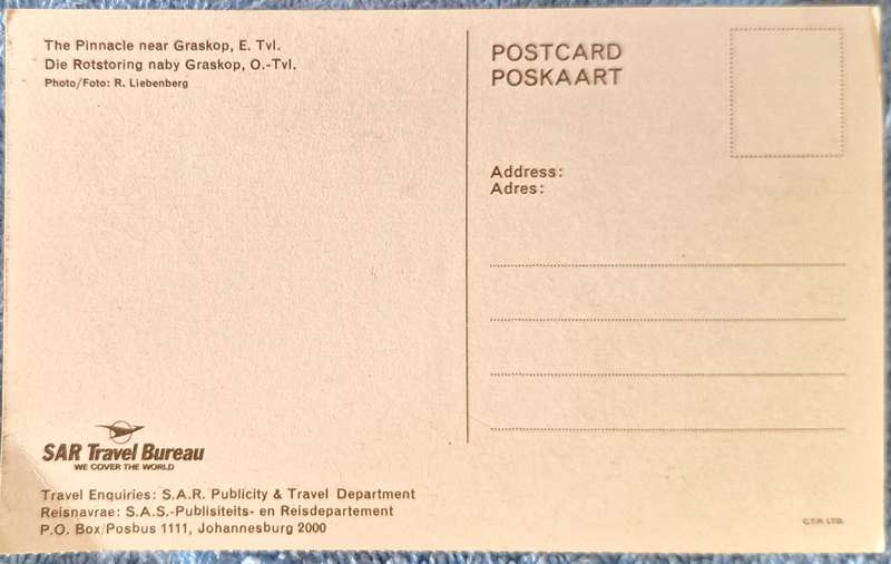 SAR Travel Bureau  Post Card of The Pinnacle near Graskop, E. Tvl.
