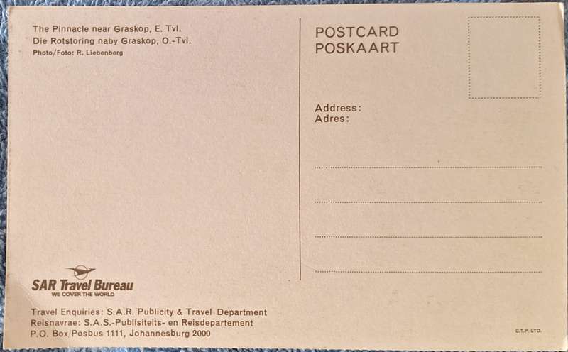 SAR Travel Bureau  Post Card of The Pinnacle near Graskop, E. Tvl.