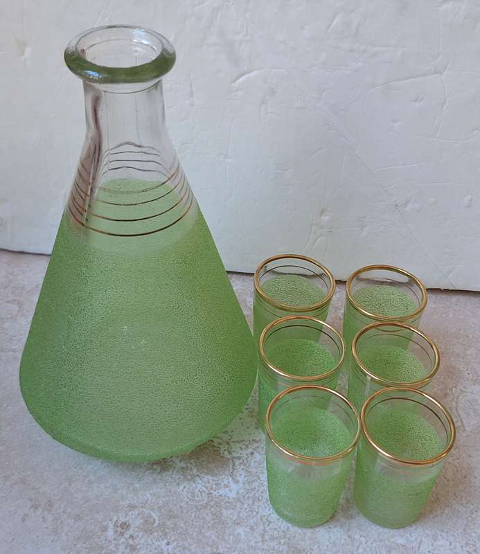 Vintage Glass Carafe with 6 Tot size glasses with gold trim