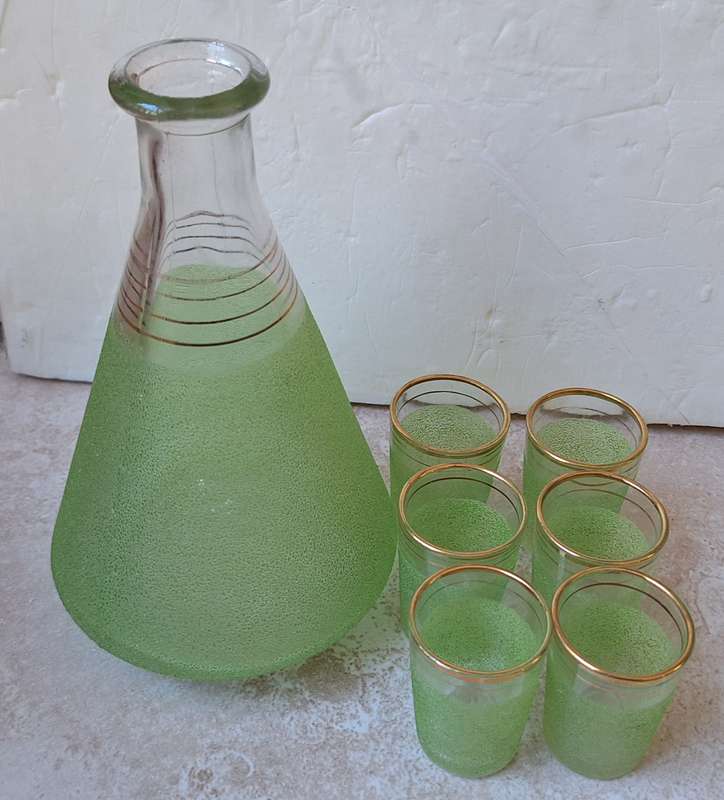 Vintage Glass Carafe with 6 Tot size glasses with gold trim