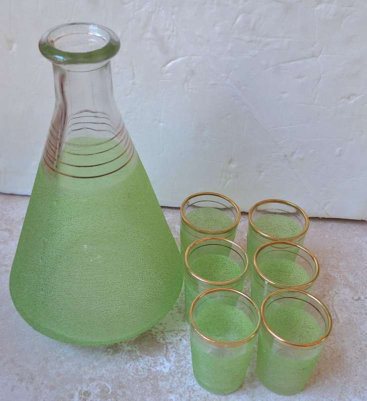 Vintage Glass Carafe with 6 Tot size glasses with gold trim