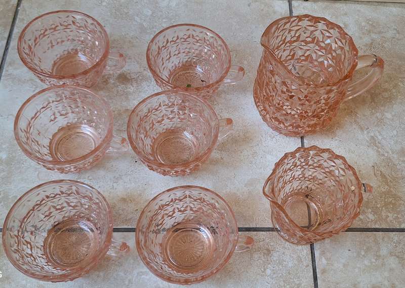 Vintage Pink Depression Glass Jugs (2) and 6 Matching Cups