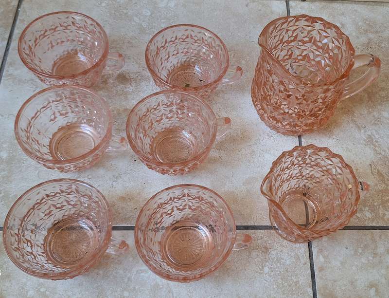 Vintage Pink Depression Glass Jugs (2) and 6 Matching Cups