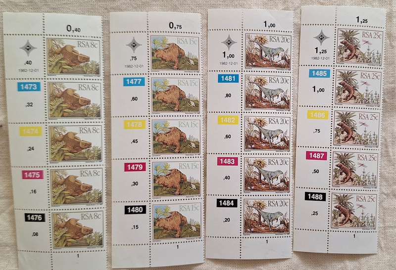 South Africa 1982 Dinosaurs / Karoo Fossils Set of 4 Mint Control Blocks