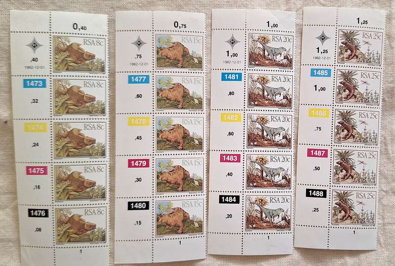 South Africa 1982 Dinosaurs / Karoo Fossils Set of 4 Mint Control Blocks