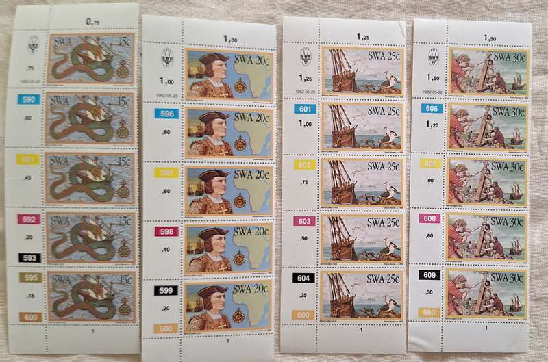 South West Africa 1982 Discoverers / Bartholomeu Diaz Set of 4 Mint Control Blocks