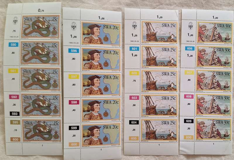 South West Africa 1982 Discoverers / Bartholomeu Diaz Set of 4 Mint Control Blocks