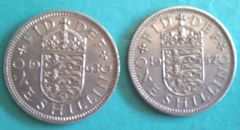 Great Britain 1957 and 1963 2x Elizabeth II One Shilling (English shield, no 'BRITT:OMN') Copper-nic
