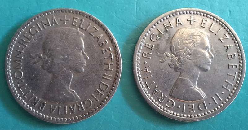 Great Britain 1957 and 1963 2x Elizabeth II One Shilling (English shield, no 'BRITT:OMN') Copper-nic