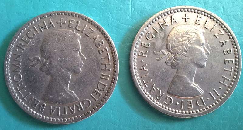 Great Britain 1957 and 1963 2x Elizabeth II One Shilling (English shield, no 'BRITT:OMN') Copper-nic