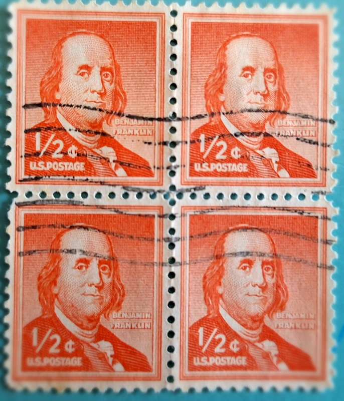 USA 1955 1/2c Benjamin Franklin Block of 4 Used Hinged stamps