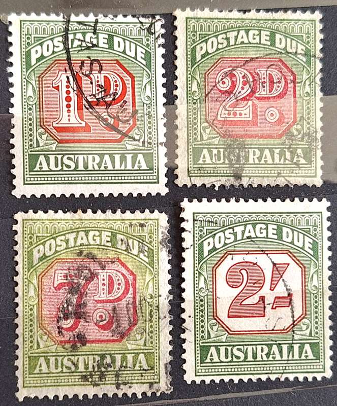 Australia 1909-10 1d 2d and 7d Used Postage Due stamps and 1953-61 2/- Used Postage Due Stamp