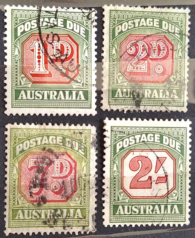 Australia 1909-10 1d 2d and 7d Used Postage Due stamps and 1953-61 2/- Used Postage Due Stamp