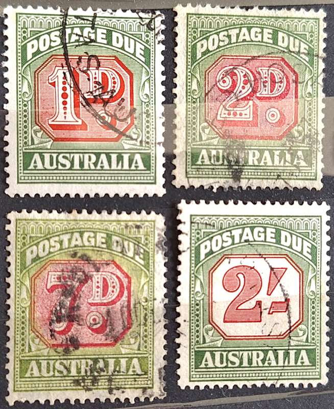 Australia 1909-10 1d 2d and 7d Used Postage Due stamps and 1953-61 2/- Used Postage Due Stamp