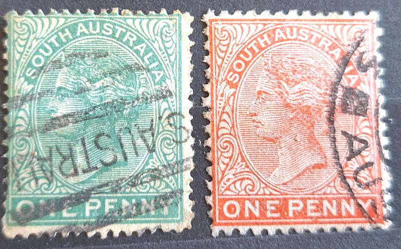 South Australia 1890's Queen Victoria One Penny x 2 Used stamps