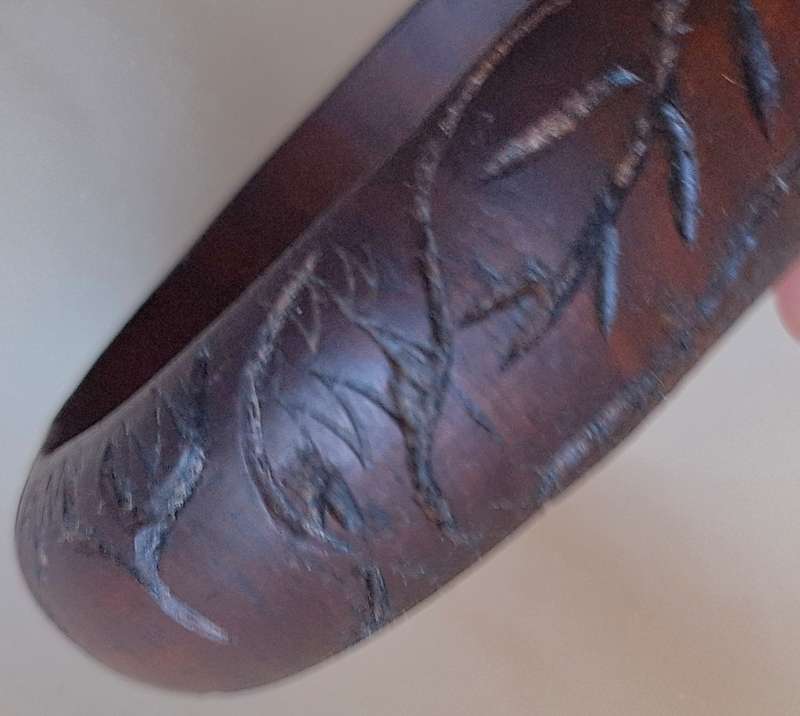 Carved Wooden Bangle with Rhino and Leaves