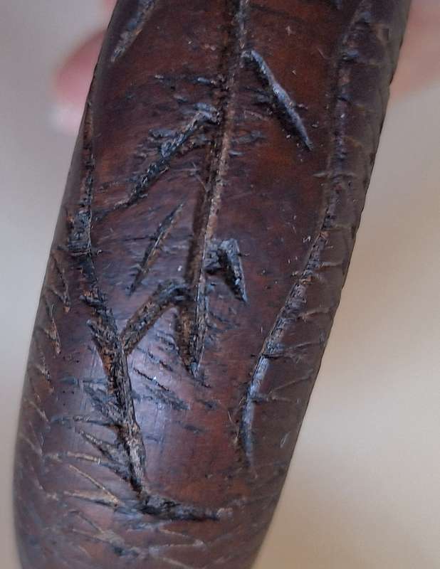 Carved Wooden Bangle with Rhino and Leaves