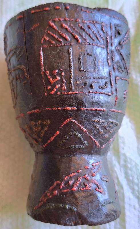 Carved Wooden Vessel with Bull Boats and Dwelling