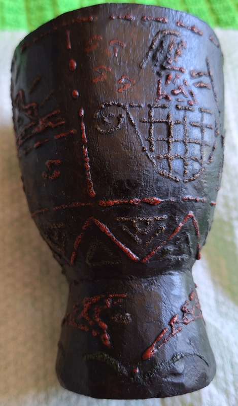 Carved Wooden Vessel with Bull Boats and Dwelling