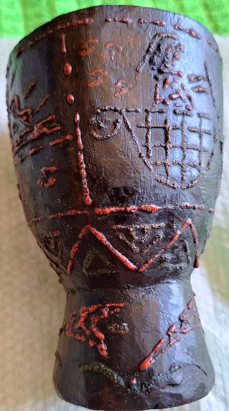 Carved Wooden Vessel with Bull Boats and Dwelling