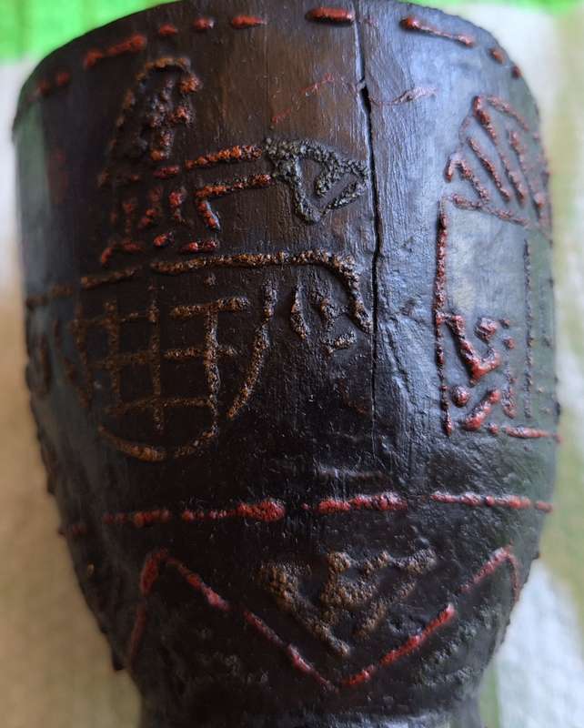 Carved Wooden Vessel with Bull Boats and Dwelling