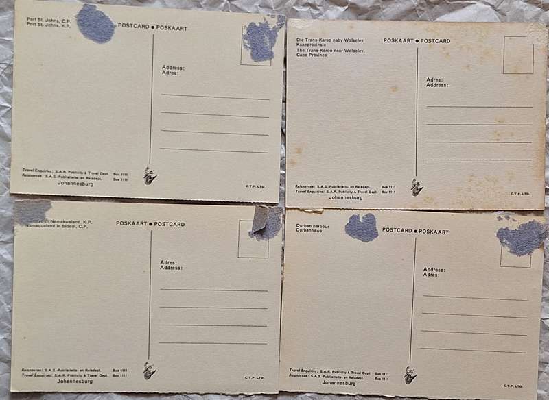 SAR Travel Bureau SAS-Reisburo 4 Post Cards : Port St Johns, Trans-Karoo, Namakwaland, Dbn Harbour