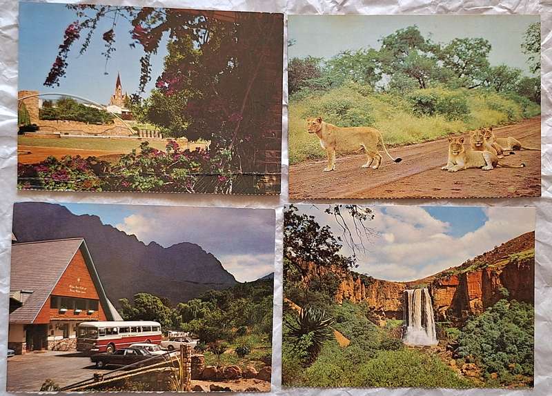 SAR Travel Bureau SAS-Reisburo 4 Post Cards : Windhoek, Kruger Park, SAR Motor Coach, Waterval Boven