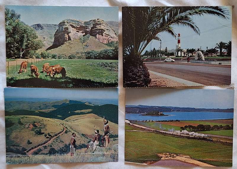 SAR Travel Bureau SAS-Reisburo 4 Post Cards : Zululand, SAR Jubilee Train, Swakopmund, Golden Gate