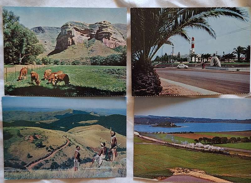 SAR Travel Bureau SAS-Reisburo 4 Post Cards : Zululand, SAR Jubilee Train, Swakopmund, Golden Gate
