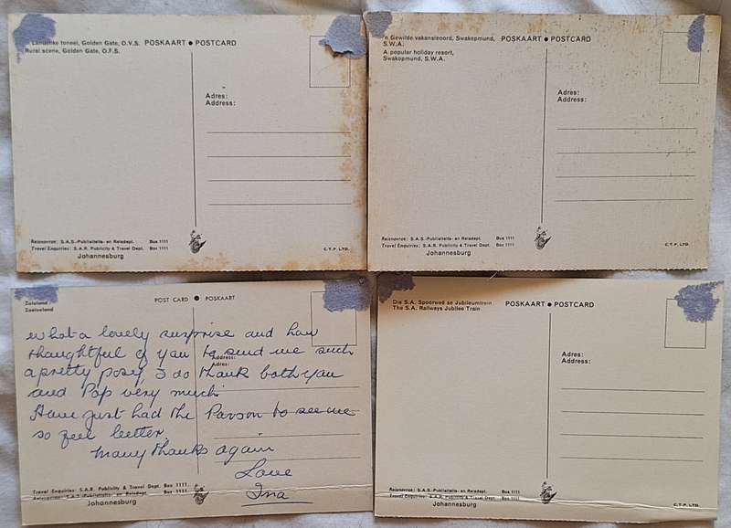 SAR Travel Bureau SAS-Reisburo 4 Post Cards : Zululand, SAR Jubilee Train, Swakopmund, Golden Gate