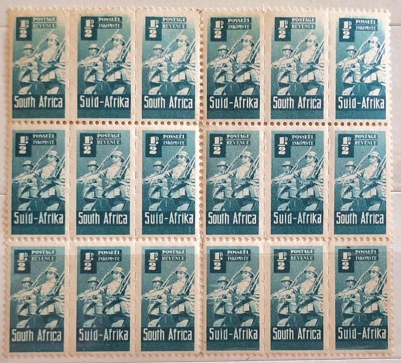 Union of South Africa 1942-44 War Effort Block of 6 Strips of 3 Unused Hinged 1/2d stamps