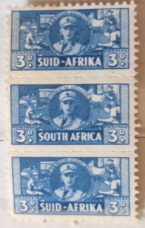 Union of South Africa 1942-44 War Effort Block of 1 Strip of 3 Unused Hinged 3d stamp
