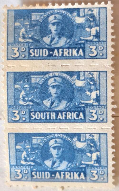 Union of South Africa 1942-44 War Effort Block of 1 Strip of 3 Unused Hinged 3d stamp