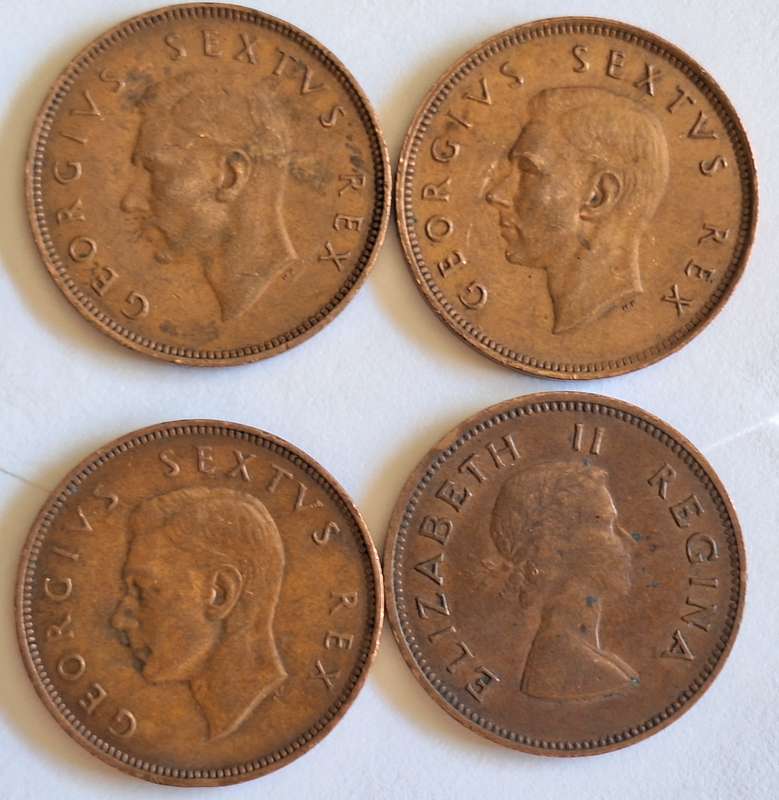 South Africa 4x 1d 1942 1944 1949 1955 Bronze