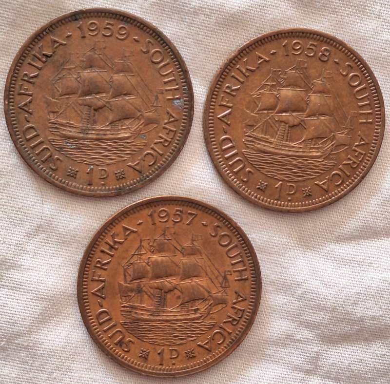 South Africa 3x 1d Penny 1957 1958 1959 Bronze