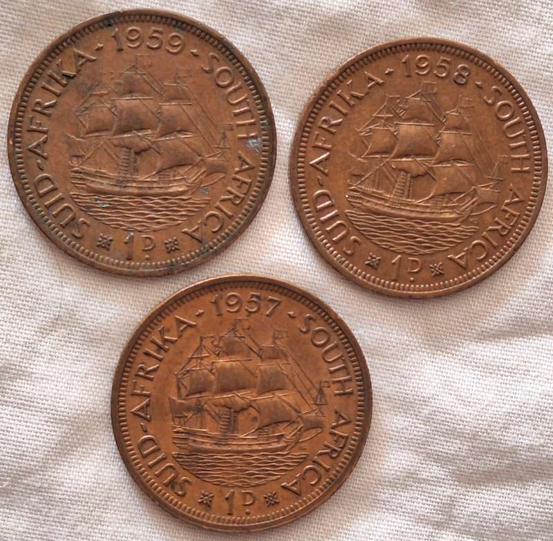 South Africa 3x 1d Penny 1957 1958 1959 Bronze