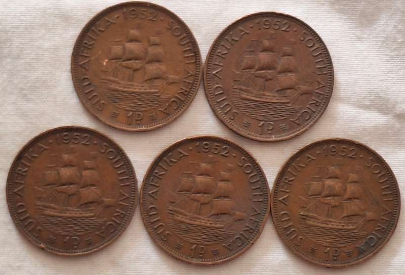 South Africa 1952 5x 1d One Penny Bronze