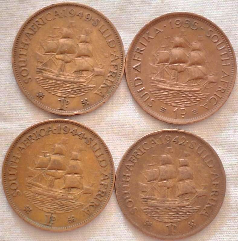 South Africa 4x 1d 1942 1944 1949 1955 Bronze