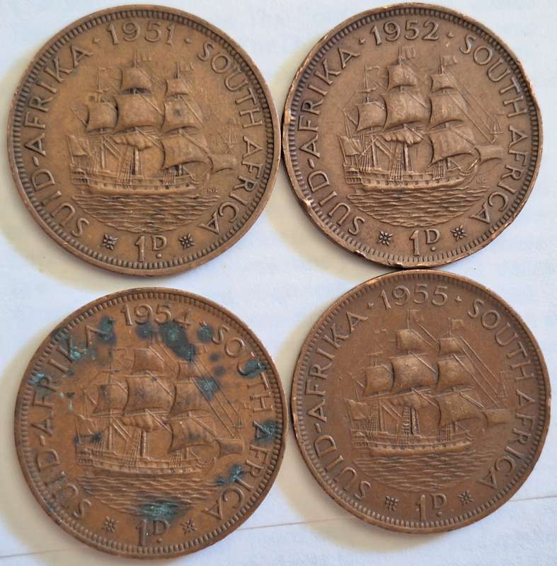 South Africa 2x 1d George VI 1951 + 1952 and 2x 1d Elizabeth II 1954 + 1955
