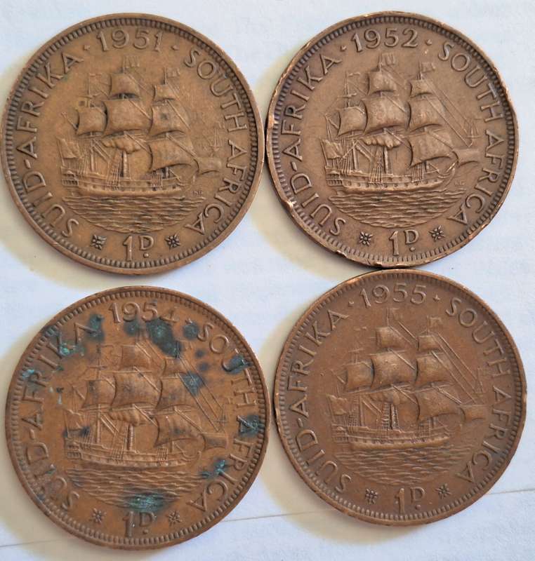 South Africa 2x 1d George VI 1951 + 1952 and 2x 1d Elizabeth II 1954 + 1955