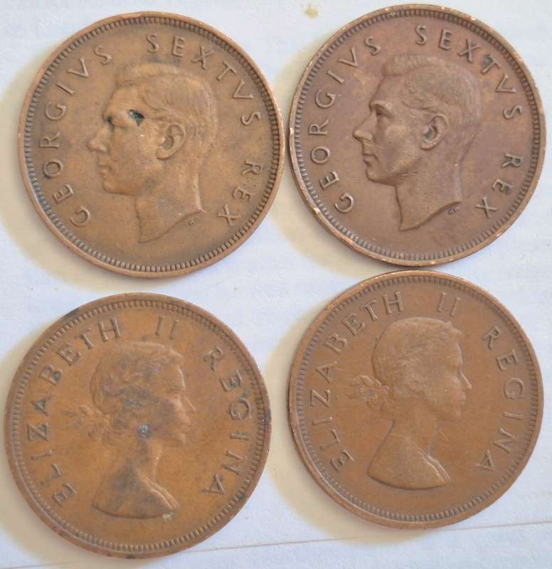South Africa 2x 1d George VI 1951 + 1952 and 2x 1d Elizabeth II 1954 + 1955